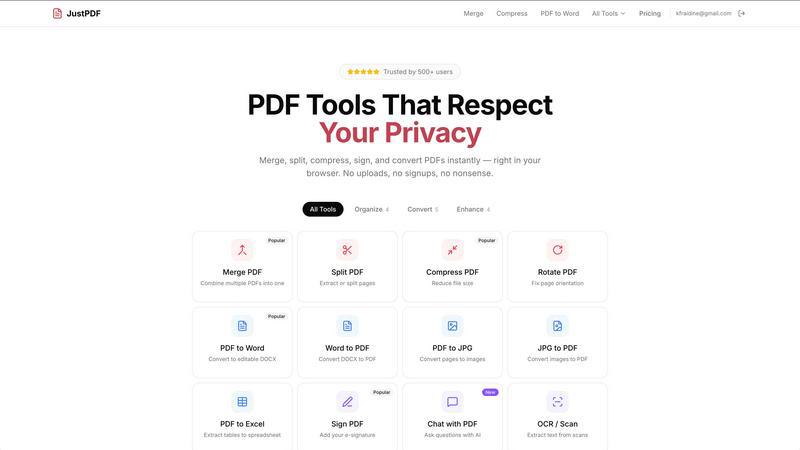 JustPDF application interface and features